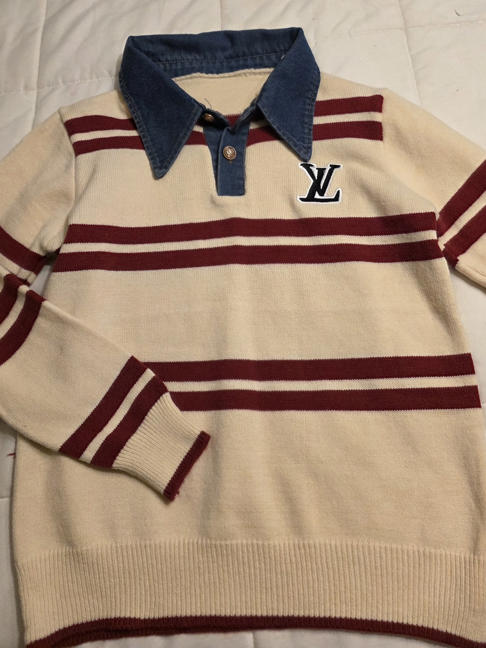 Louis Vuitton Cream and Burgundy Striped Crewneck Sweater with Denim Collar